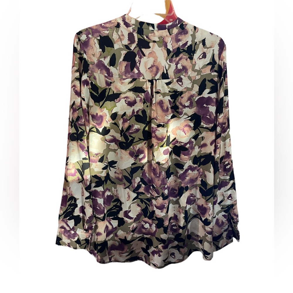 Simply Vera Vera Wang Long Sleeve V Neck 4 Button Popover Floral Blouse Large - Picture 6 of 14